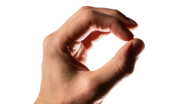 Human hand pinching a tiny object, isolated on transparent background