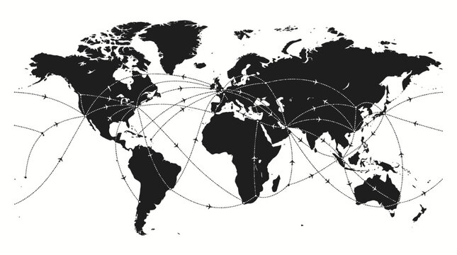 Black and white world map connections.