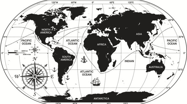 Black and White World Map Illustration.