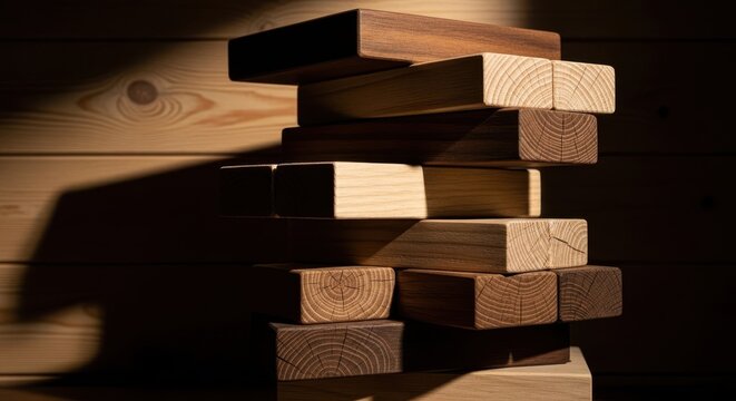 A stack of wooden blocks with varying wood grain textures and colors, arranged for visual interest.