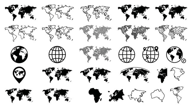 Black and white world map icons.