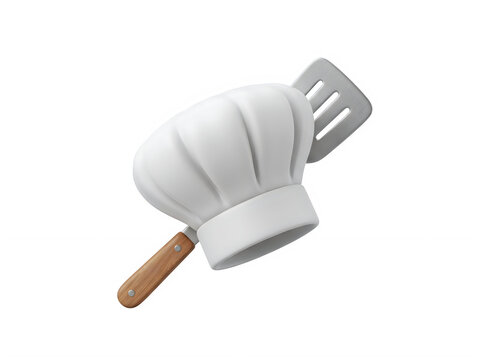 3D illustration of a white chef hat with a kitchen spatula turner, concept of cooking, culinary, restaurant business, or recipe.