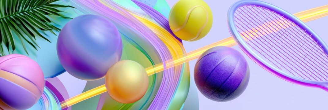 futuristic sports website design, futuristic d summer sports website header with floating athletic gear, neon trails, tropical gradients, and dynamic shapes premium, glossy, detailed