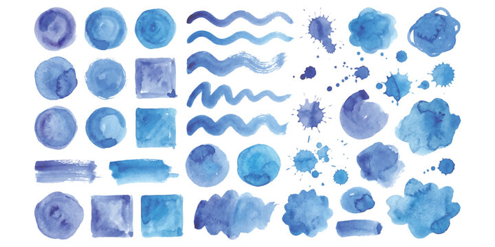 Abstract blue watercolor splash stains and fluid blob shapes bundle for background