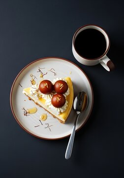 Slice of cheesecake with gulab jamun and whipped cream served with coffee.