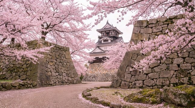 Stunning View of Toyama Castle Grounds in Spring with Blooming Sakura Flowers and Ancient Stone Walls, Cinematic Landscape Photography of Japanese Heritage Site During the Peak Cherry Blossom Season.