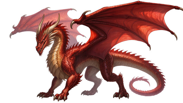 Majestic red dragon with large wings, isolated on transparent background