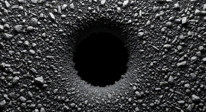 Top view of a deep circular hole or pit surrounded by dark grey rocks, gravel, and rough stones, creating a mysterious and textured void