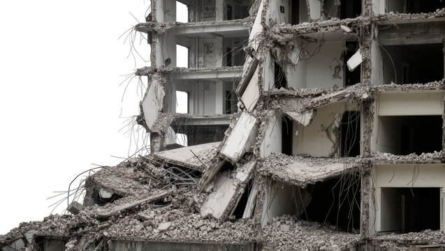 Collapsed concrete building structure with exposed rebar, isolated on transparent background