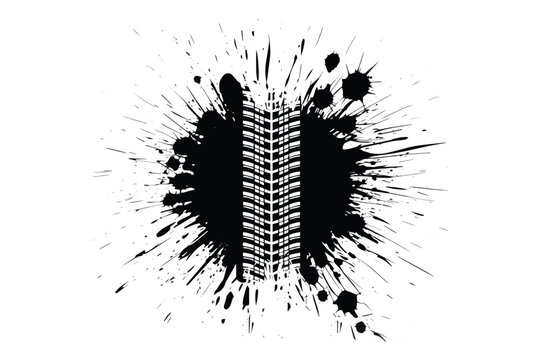 Black ink splatter with offroad tire tread pattern isolated on white background,Grunge car tire track print over creative paint splash vector graphic.