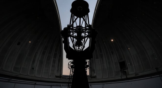 Silhouette of a deactivated astronomical telescope inside a dark observatory dome at twilight