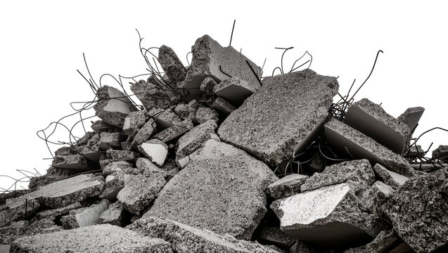 Pile of broken concrete debris with exposed rebar, isolated on transparent background