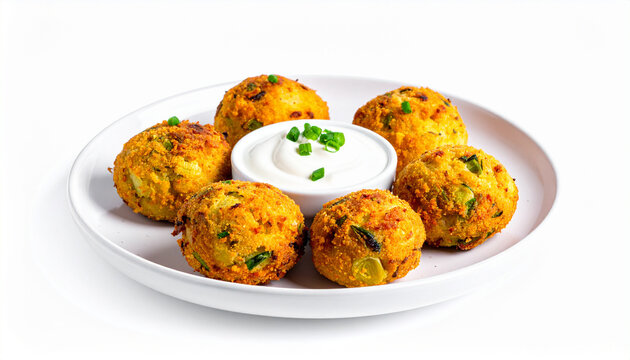 Potato and leek croquettes vegetable fritters with sour cream isolated on white background