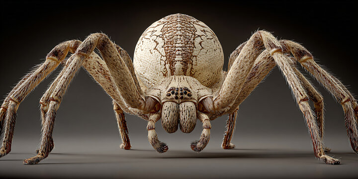 Large Huntsman Spider Close-Up on Gray Background