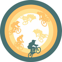 Obraz premium Concentric circles tunnel vector background with silhouettes of BMX and trail bike riders performing stunts in muted retro colors.