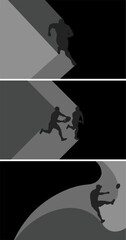 Rugby sports banner background set with player silhouettes running passing and kicking on minimalist black and grey copy space backdrop. © Pratama