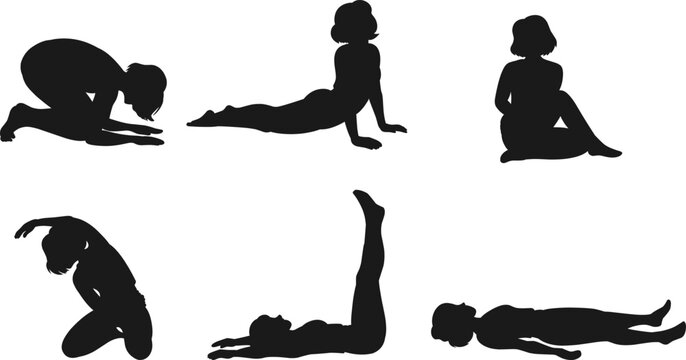 Silhouette set of a woman practicing relaxation yoga poses. Collection of female figures executing wellness routines including Savasana, legs up the wall, lateral bend, forward fold, and backbend.