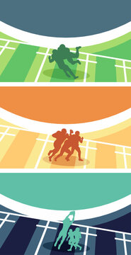 American football  banners set featuring players in tackling, rushing pass, and interception action on a colorful yard field template