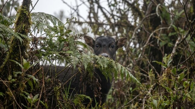 Alert Anoa Staring Into The Camera Lens From Behind Tropical Ferns In The Wilderness. A Cinematic Widescreen View Capturing A Rare Dwarf Buffalo Peeking Through Lush Rainforest Foliage In Indonesia.
