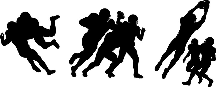 American football players silhouettes set showing tackling, pass rushing, blitzing, and interception actions