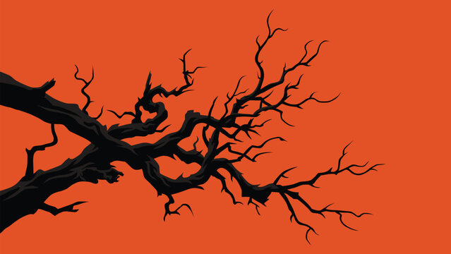 Spooky Halloween bare tree branches silhouette on orange background vector