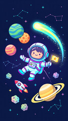 Naklejka premium An astronaut explores a colorful space scene with planets and stars