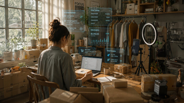 Female E-commerce Entrepreneur Working on Laptop with Futuristic HUD Overlay Smart Dashboard for Online Sales and Order Tracking