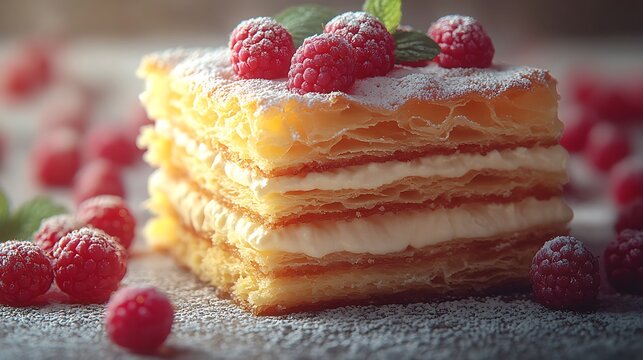 Delicious MilleFeuille Pastry with Fresh Raspberries and Powdered Sugar.