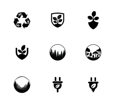 Collection of black environmental and energy featuring recycling symbols tree shields forest circles and electrical plugs with leaves on white background