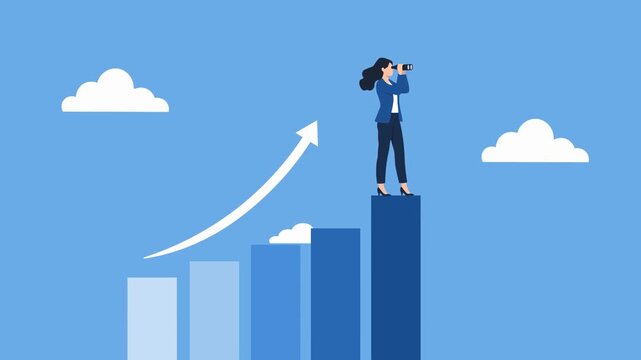 Entrepreneur Woman Standing On Rising Graph Bars, Looking through binoculars toward future opportunities. Business Female Growth Vision Concept. Flat Animation 