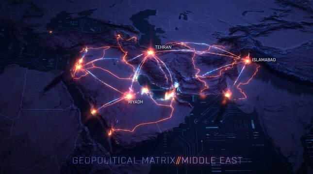 Geopolitical map of the Middle East with highlighted connections between major cities and regions, digital design. Concept of geopolitical rivalry, oil politics, resource control, Middle East conflict