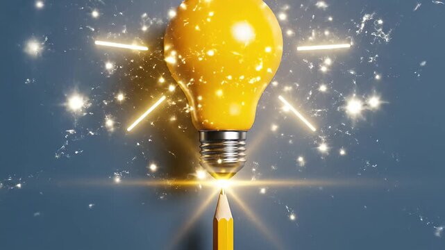 Glowing lightbulb idea with pencil on blue background concept