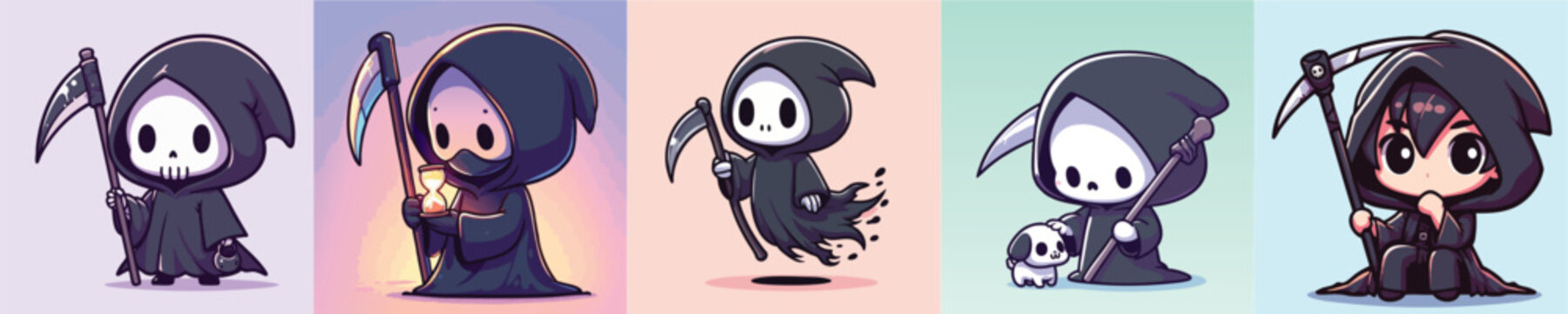 Five cute chibi grim reaper character illustrations with scythes.