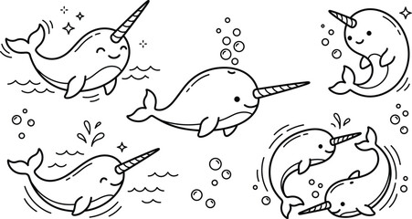 Cute Narwhal Cartoon Line Art Vector Collection with Magical Horned Whales Bubbles Waves and Sparkle Elements © MstBabli