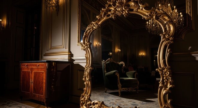 Magnificent Ornate Gilded Baroque Mirror Reflecting Luxurious Interior Setting