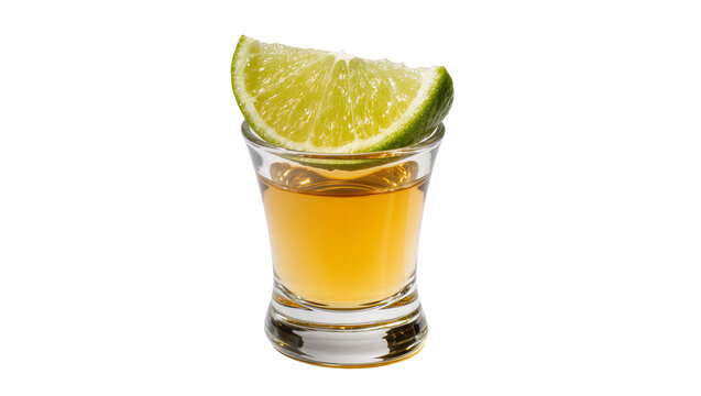 Amber tequila shot with fresh lime wedge, isolated on transparent background