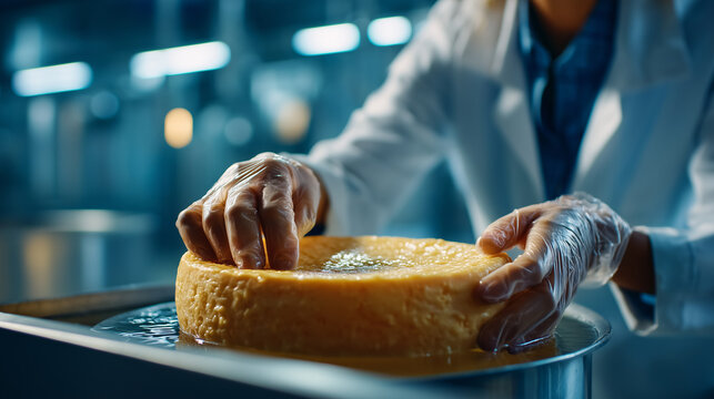 Ultra realistic commercial stock photo of female hands in thin transparent rubber gloves carefully lifting a round cheese wheel from brine bath in high-tech dairy facility, close-u