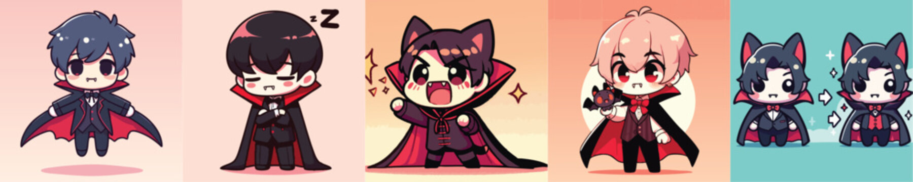 Five cute chibi vampire characters with various facial expressions.