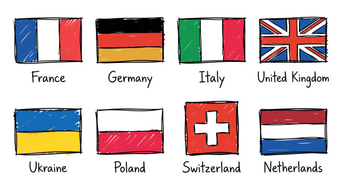 Hand drawn european flags illustrating different countries