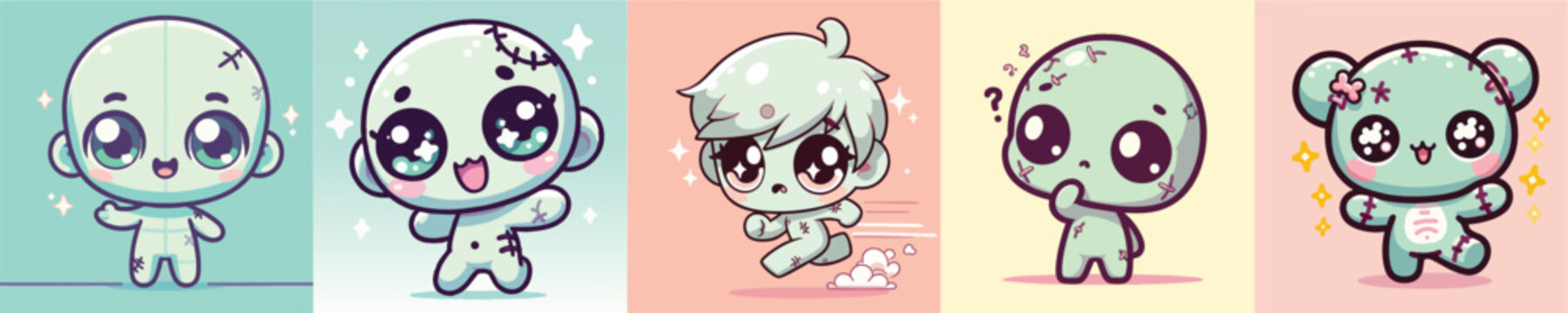 Collection of five cute chibi cartoon characters with large expressive eyes.