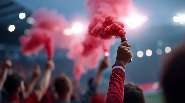 Ultra realistic commercial stock photo of fans hands holding bright red flare smoke in stadium stands during match, close-up composition, faces not visible, only arms hands and tor