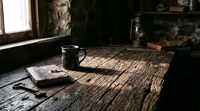 Cozy rustic wooden desk with old book, key, and mug bathed in dramatic sunlight streaming through a window