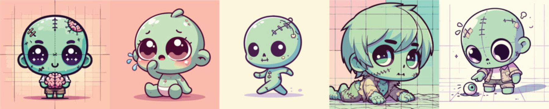Five cute green chibi alien character illustrations in different poses.