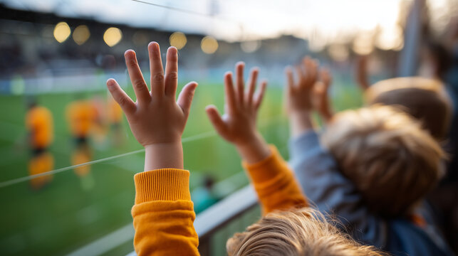 Ultra realistic commercial stock photo of children fan hands pressed against stadium glass barrier watching players warm up on pitch below, close-up composition, faces not visible,