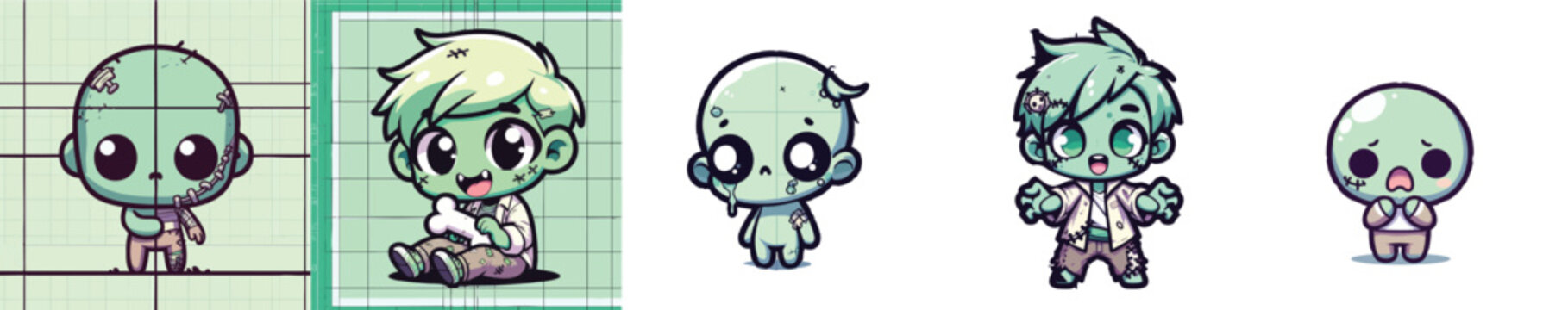 Five small pale green cartoon character sprites with large eyes.