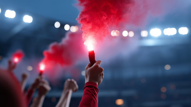 Ultra realistic commercial stock photo of fans hands holding bright red flare smoke in stadium stands during match, close-up composition, faces not visible, only arms hands and tor