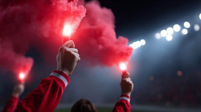 Ultra realistic commercial stock photo of fans hands holding bright red flare smoke in stadium stands during match, close-up composition, faces not visible, only arms hands and tor