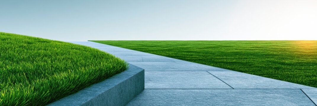 luxury real estate, the modern luxury estates beautiful backyard features a pristine emerald green turf lawn divided by light grey basalt stone pathways clean negative space on the right allows for
