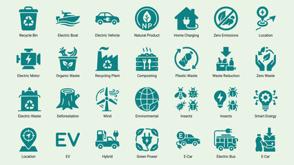 Obraz premium Electric Vehicle Green Energy Vector Icon Set with EV Charging Hybrid Car Electric Bus Zero Emissions Recycling Deforestation Insects Symbols for Eco App UI Web Design Teal Flat Style 