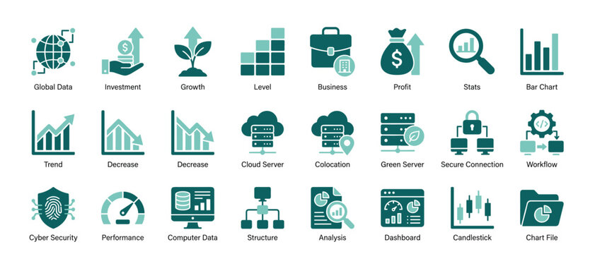 Business Finance Data Vector Icon Set with Investment Growth Dashboard Analytics Cloud Server Bar Chart Candlestick Cybersecurity Symbols for Fintech App UI Web Design Teal Flat Style
